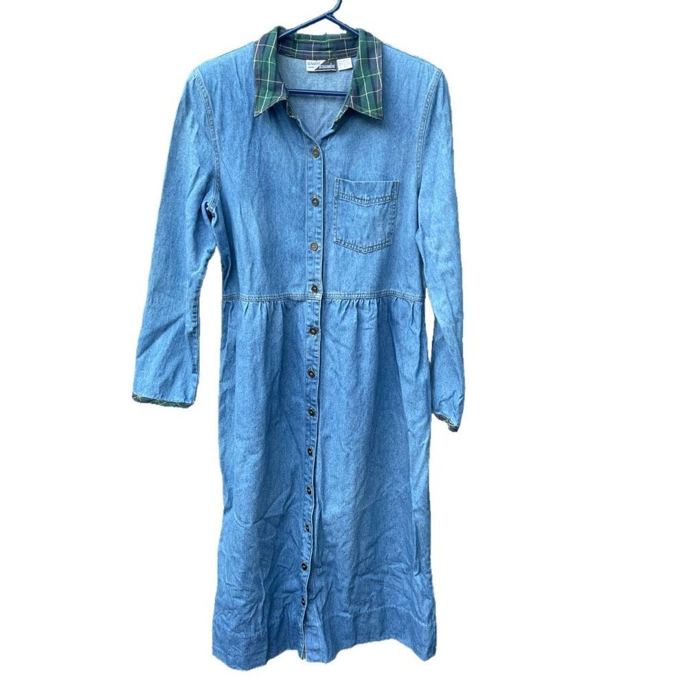 Blue Denim Midi Dress with Green Plaid Collar